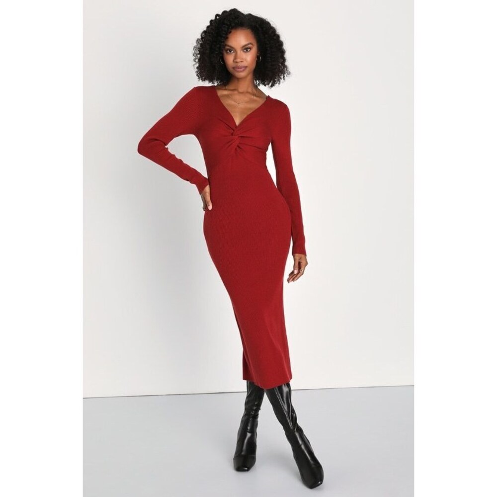 Lulus Autumn Love Rust Red Twist-front Long Sleeve Midi Sweater Dress - Size L